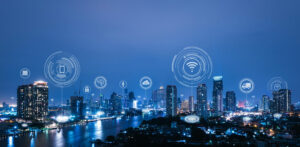 Prospettiva urbana arricchita da icone delle telco